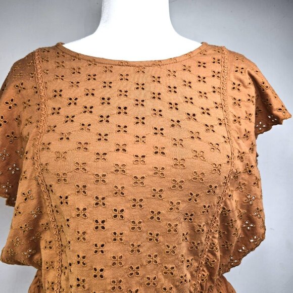 ZARA Cognac Brown Eyelet Lace Flutter Sleeve Peplum Top - Picture 3 of 7